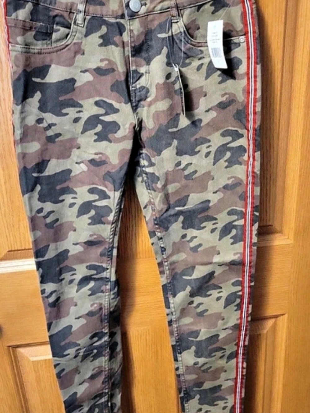 New Look Camouflage Skinny Jeans with Red Side Stripe Green & Brown Size 7